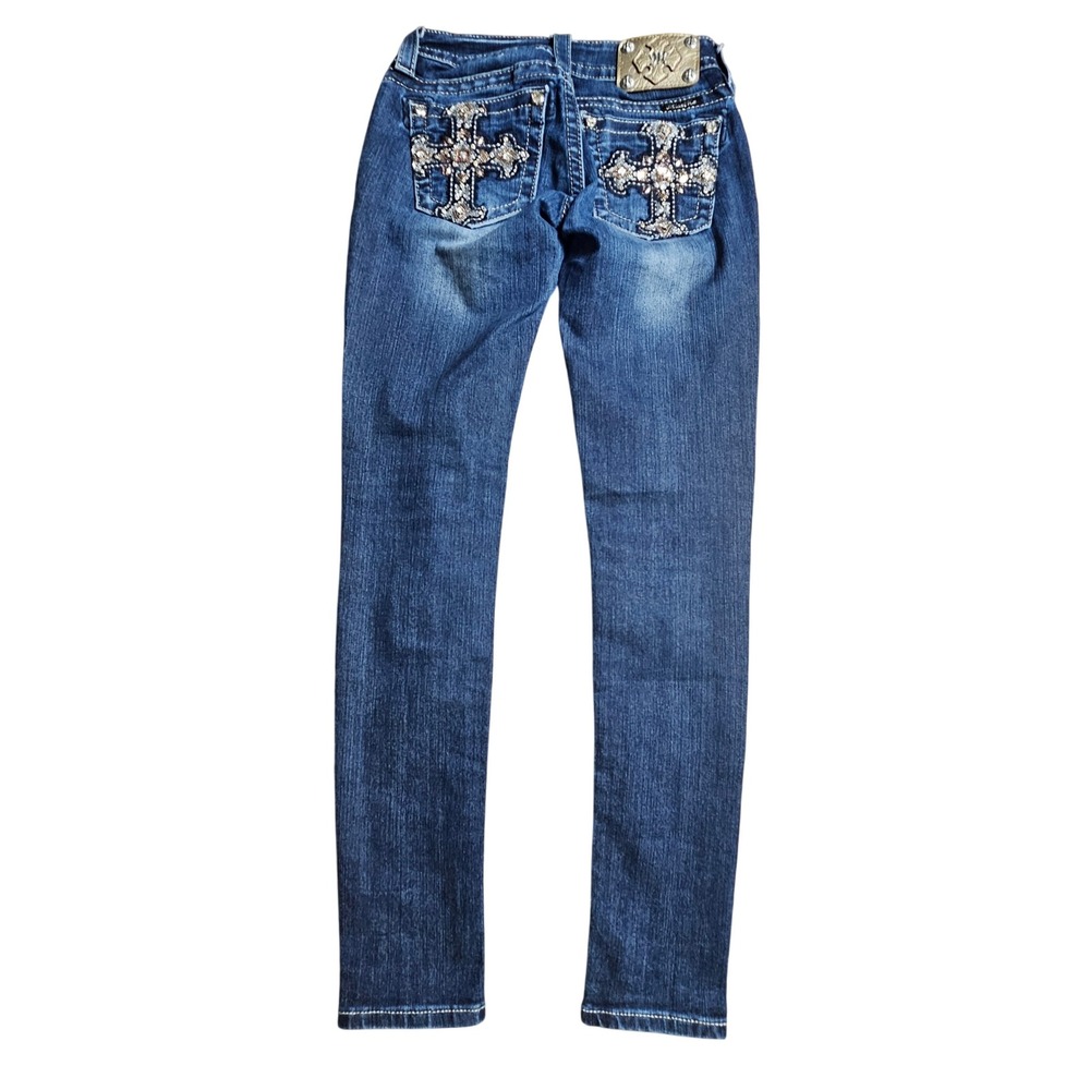 Miss Me Signature Skinny Jeans 25x30 Embellished Cross Rhinestone Dark Wash - Picture 2 of 8